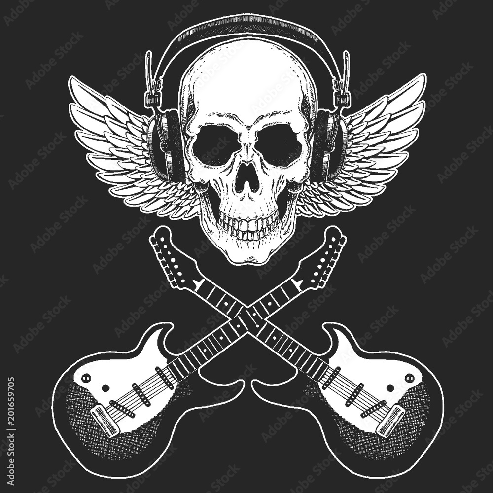 Fototapeta premium Rock music festival. Cool print for poster, banner, t-shirt. Skull wearing headphones with electric guitar. Heavy metal party. Rock-n-roll star
