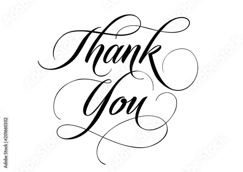 Thank You lettering with swirls. Handwritten text, calligraphy. For greeting card, poster, banner, leaflet or brochure.
