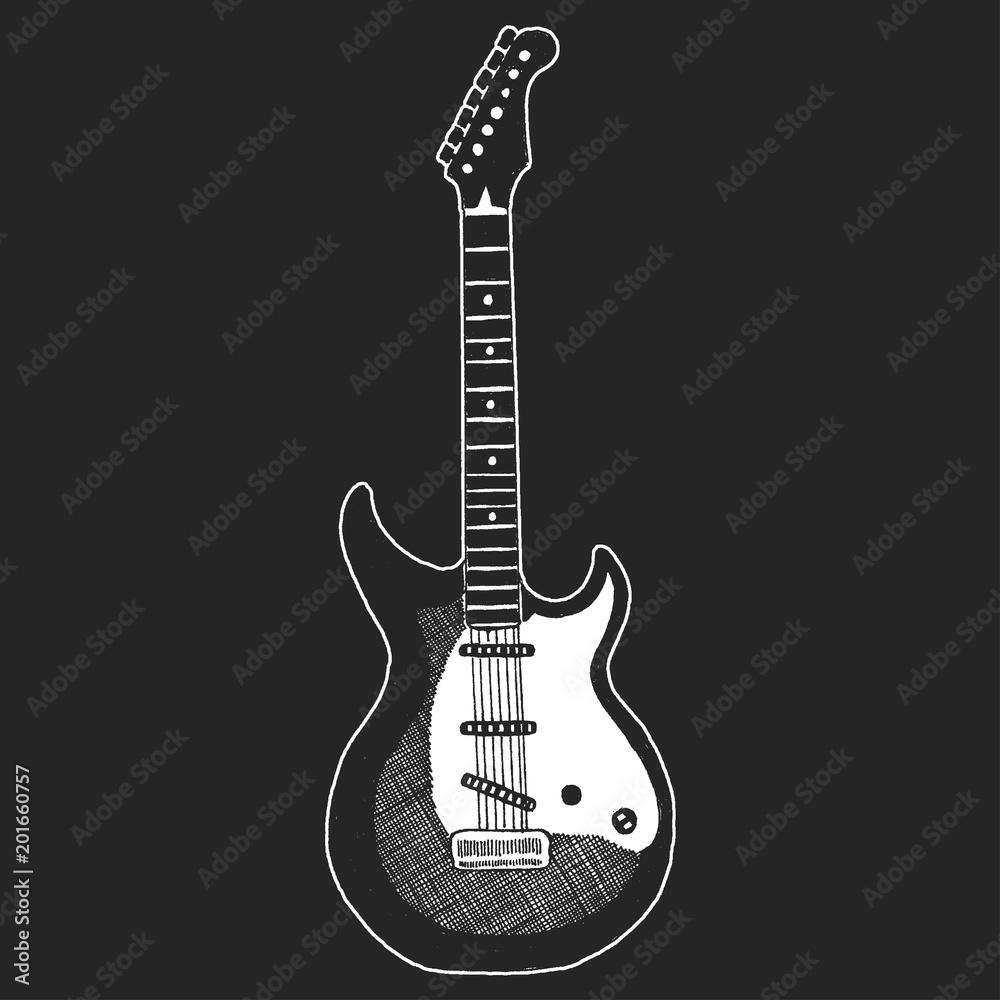 Naklejka premium Fajna gitara. Godło rocka na festiwal muzyczny. Koncert heavy metalowy. Nadruk na koszulce, plakat. Instrument muzyczny. Odznaka, grafika logo