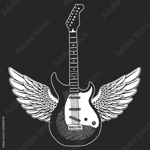 Cool guitar. Rock emblem for music festival. Heavy metall concert. T-shirt print, poster. Musical instrument. Badge, logo art