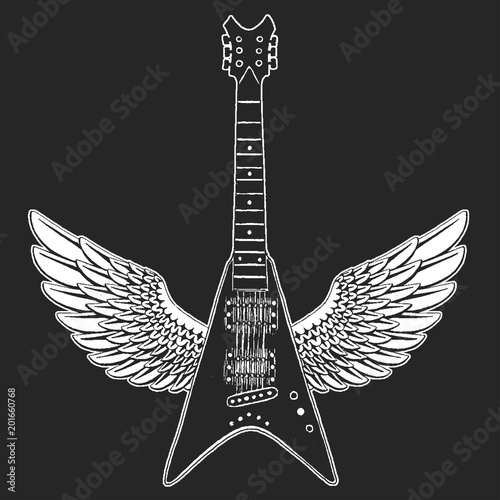 Cool guitar. Rock emblem for music festival. Heavy metall concert. T-shirt print, poster. Musical instrument. Badge, logo art