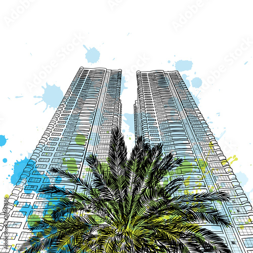 Hand drawn sketch with watercolor splashes of Dubai luxury hotel or tall building skyscraper with the palm tree from below. Illustration, vector.