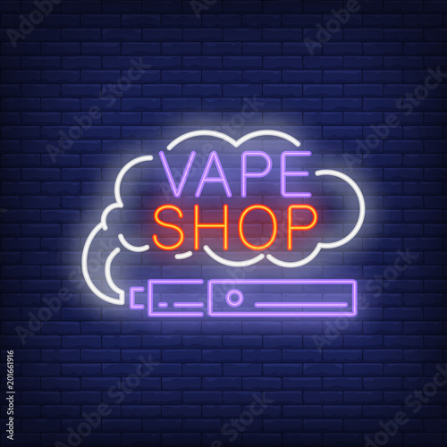 Vape shop neon sign. E-cigarette with smoke cloud. Night bright advertisement. Vector illustration in neon style for smoking and lifestyle