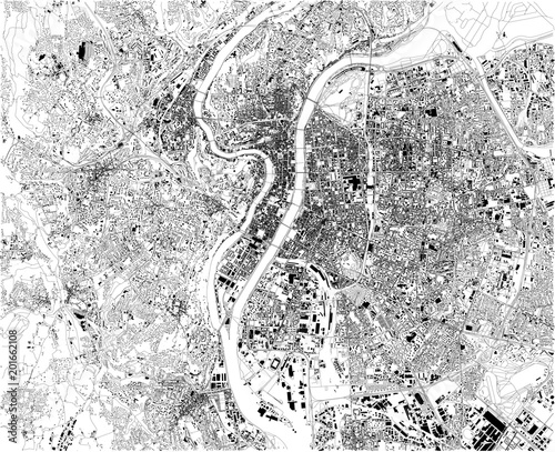 Mappa di Lione, città francese nella regione storica del Rodano-Alpi, sorge alla confluenza dei fiumi Rodano e Saona. Strade