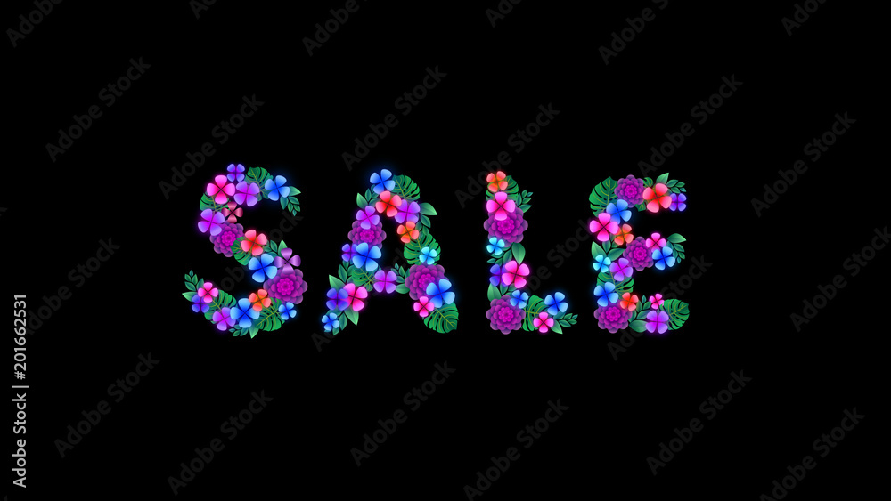 Word sale made of flowers is on black background . Spring sale Word sale made of flowers is on black background . Spring sale