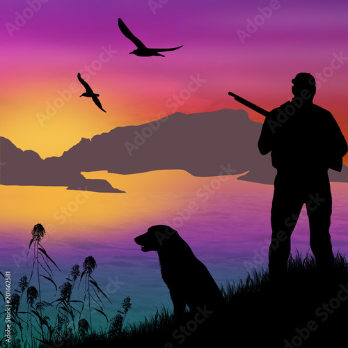 Silhouette of a hunter with dog
