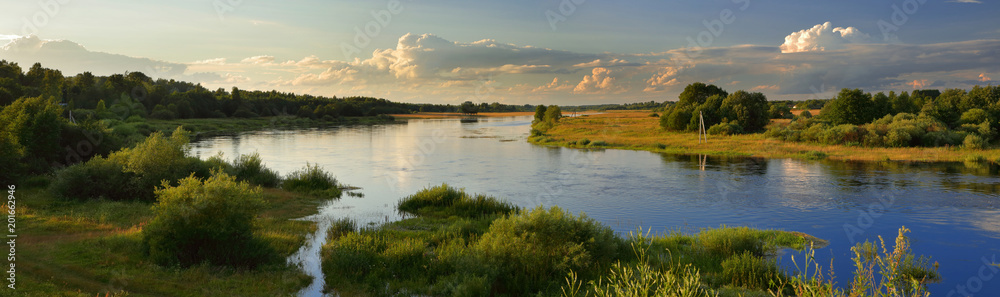Summer wide-angle panorama of the river - obrazy, fototapety, plakaty 