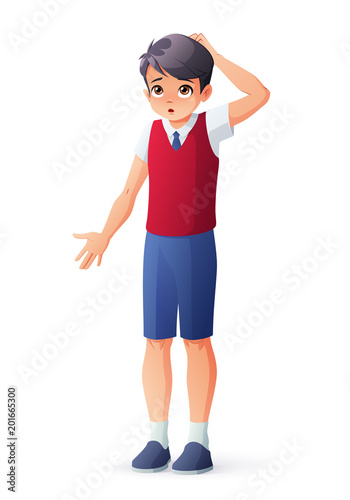 Boy in school uniform scratching his head. Isolated vector illustration.