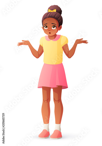 Confused young African American girl shrugging shoulders. Isolated vector illustration.