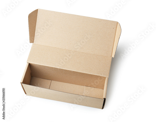 Open empty cardboard box on white background