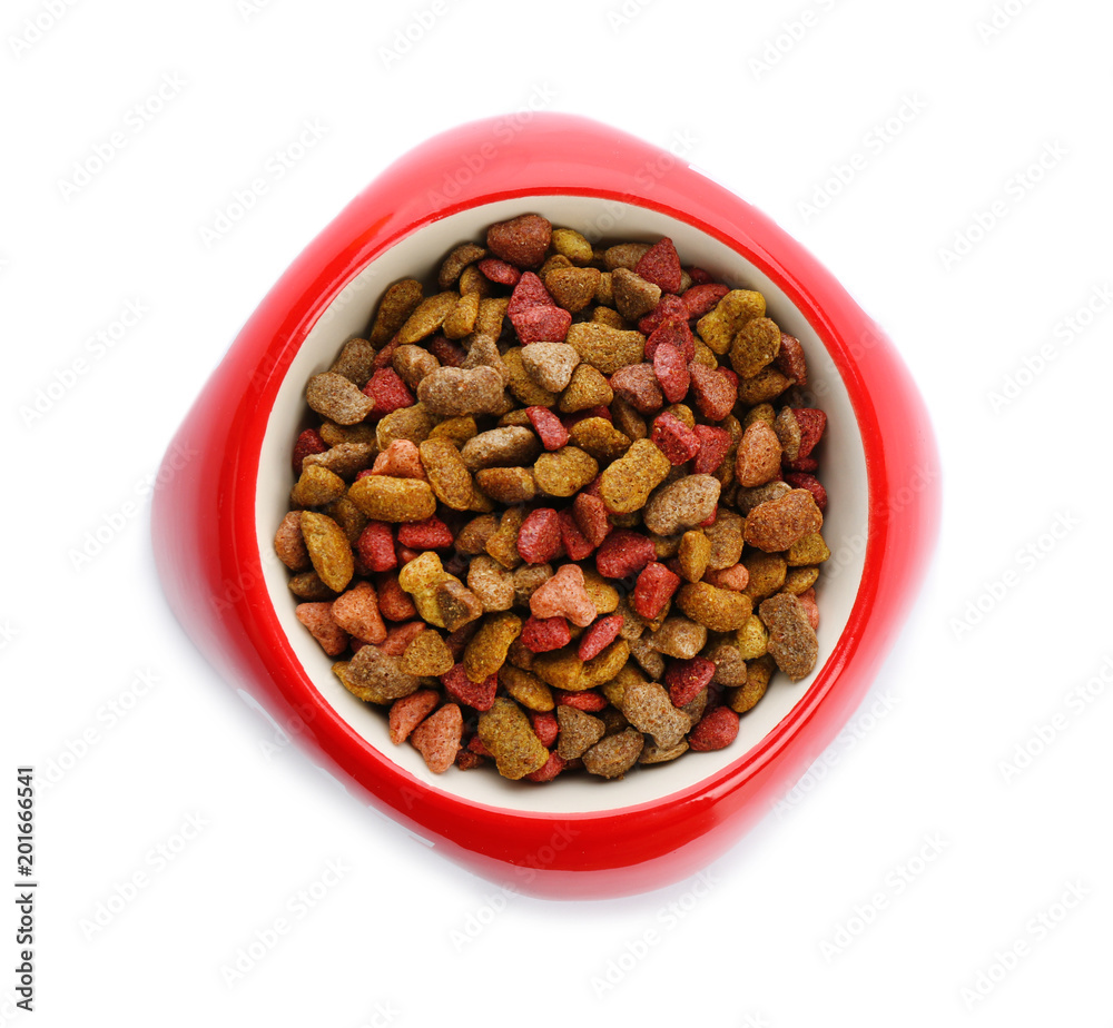 Red bowl with cat food on white background, top view. Pet care Red bowl with cat food on white background, top view. Pet care