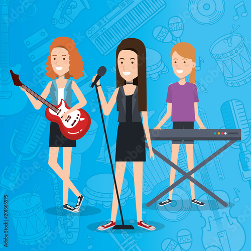 music festival live with women playing instruments and sing vector illustration