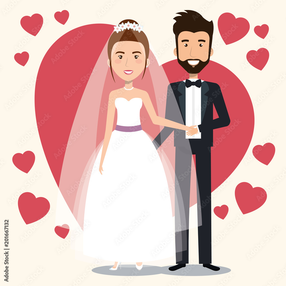 just married couple with hearts avatars characters vector illustration design