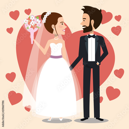 just married couple with hearts avatars characters vector illustration design