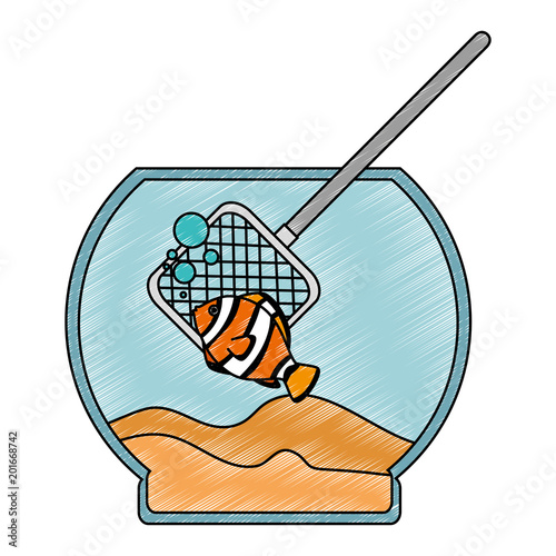 aquarium bowl with colors fish and fishing net vector illustration design