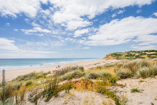 Sunny beautiful summer coast view to the blue sea and pure white sand beach dune limestone sandstone rocks perfect for surfing swimming and hiking, Star of Greece, Port Willunga, Adelaide, Australia