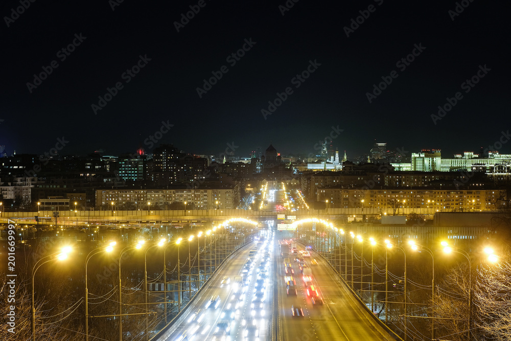 Moscow, Russia - March, 23, 2018: Landscape with the image of night Moscow