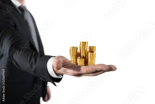 Businessman hold piles of money. Concept of success and company growth