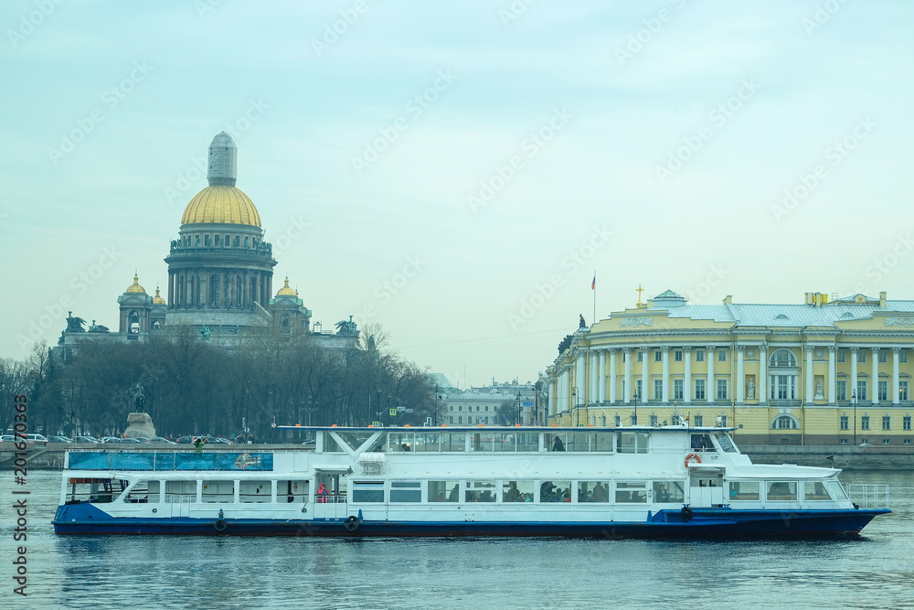 St. Petersburg, Russia - April, 17, 2018: city scape with the image of Neva embankment in St. Petersburg