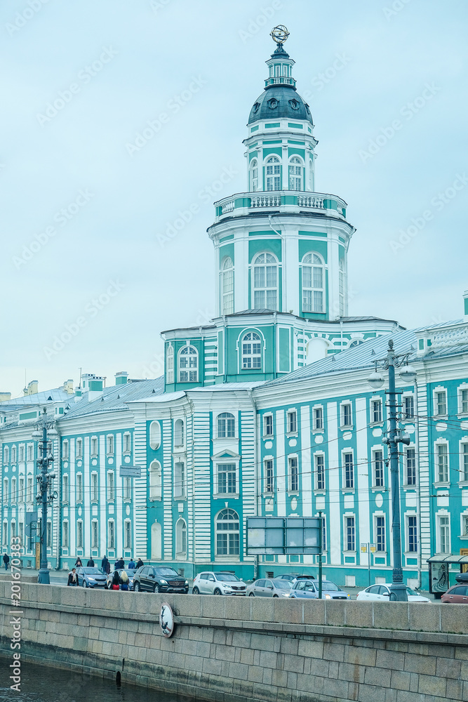 St. Petersburg, Russia - April, 17, 2018: city scape with the image of Neva embankment in St. Petersburg