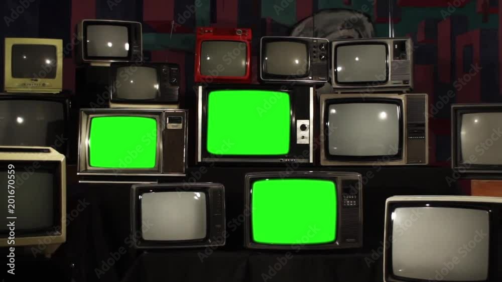 80s Style Tvs with Green Screens Turning Off. Zoom Out. You can replace