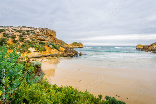 Cloudy sunny summer coast view to beautiful flowers plants sandy beach bay walk & surfing at rocks sand limestone cliff of Great Ocean Road, Melbourne, Port Campbell National Park, Victoria/ Australia © Thomas Jastram