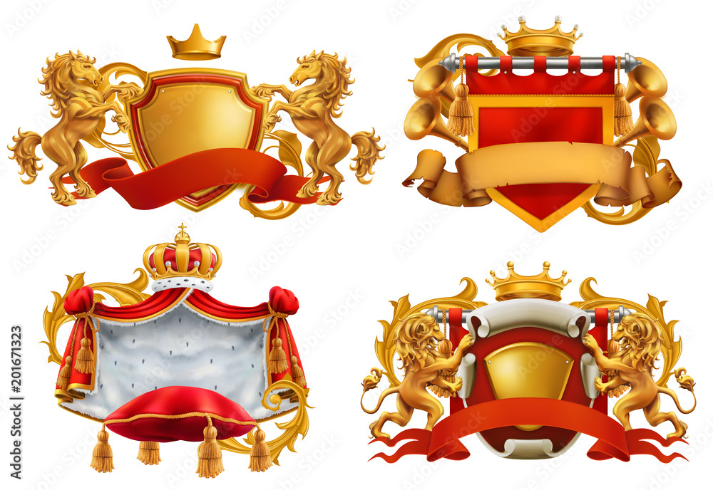 Royal coat of arms. King and kingdom. 3d vector emblem set Royal coat of arms. King and kingdom. 3d vector emblem set