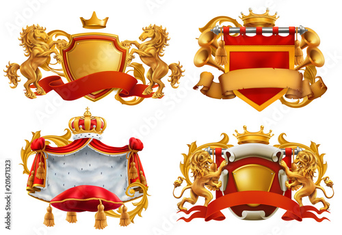 Royal coat of arms. King and kingdom. 3d vector emblem set