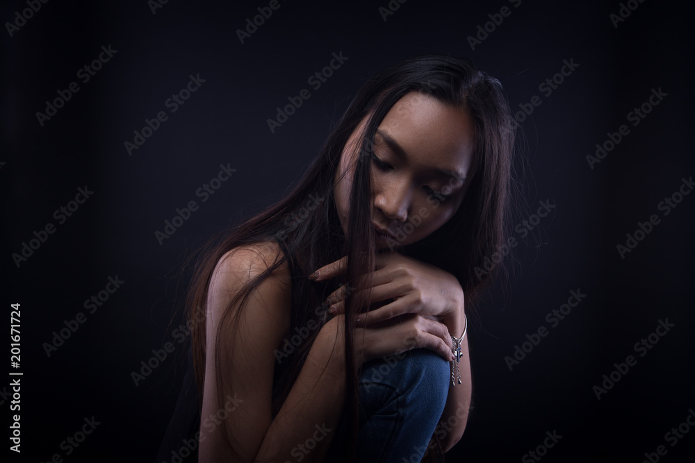 broken heart lonely girl can cry, smoke Fog on dark Background broken heart lonely girl can cry, smoke Fog on dark Background