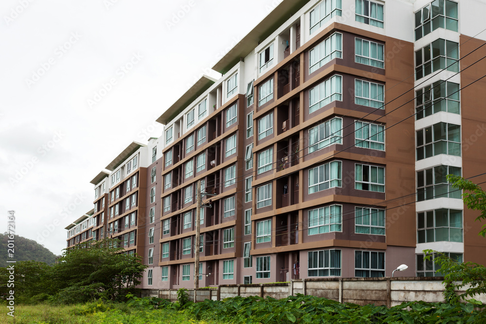 commercial apartment, condominium building white background.