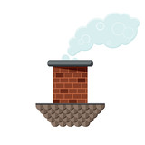 Colored flat icon, vector design with shadow. Brick chimney pipe with roof part and smoke for illustration of house's part, heating method, roof, factory and industry
