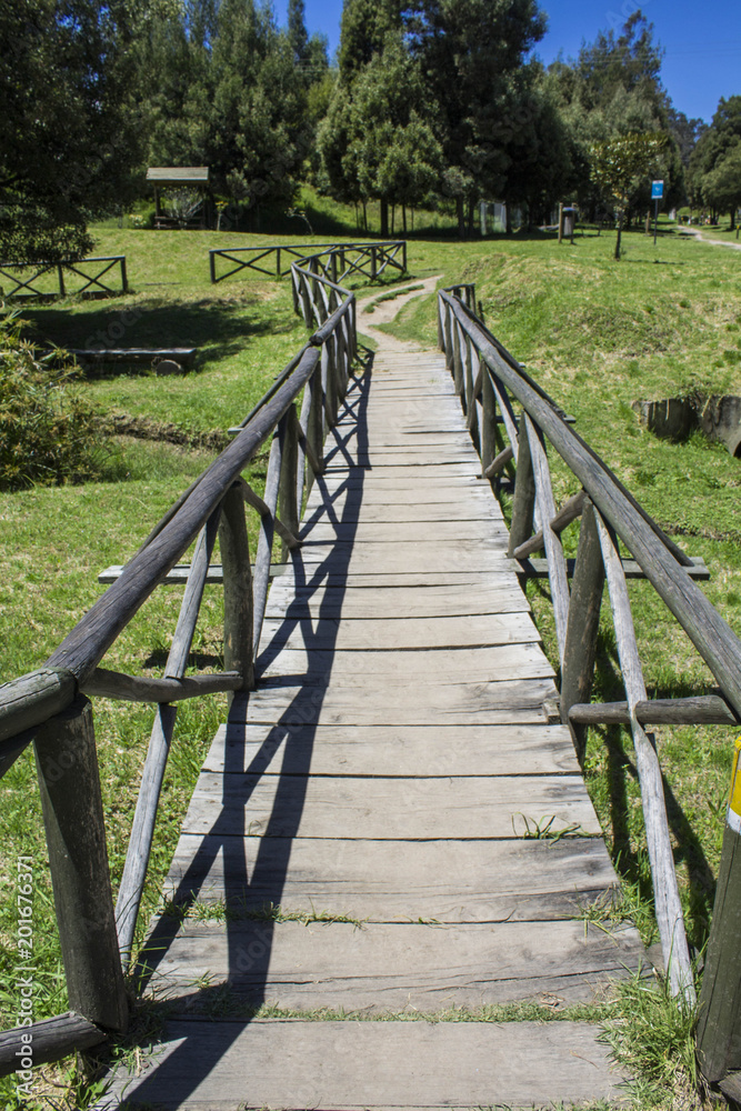 wooden bridge that crosses in an extensive park surrounded by nature. Picnic concept wooden bridge that crosses in an extensive park surrounded by nature. Picnic concept