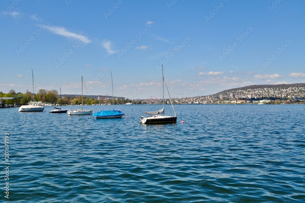 Segelschiffe vor Anker in der Stadt Zürich am blauen Zürichsee