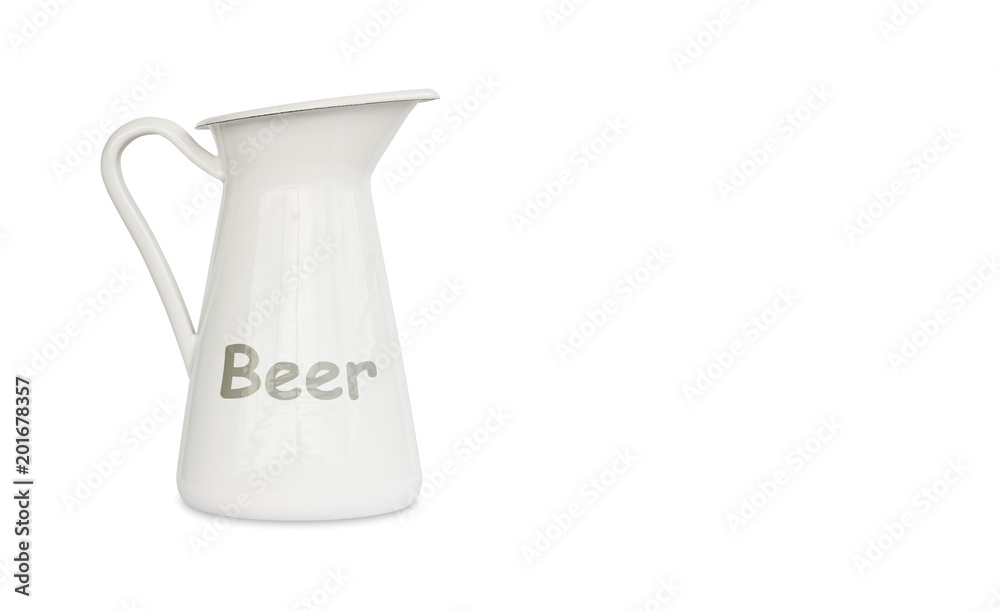 beer on milk jug with text and shadow on left side white background for new idea and drink style, isolated included clipping path on jug body only for easy to your work