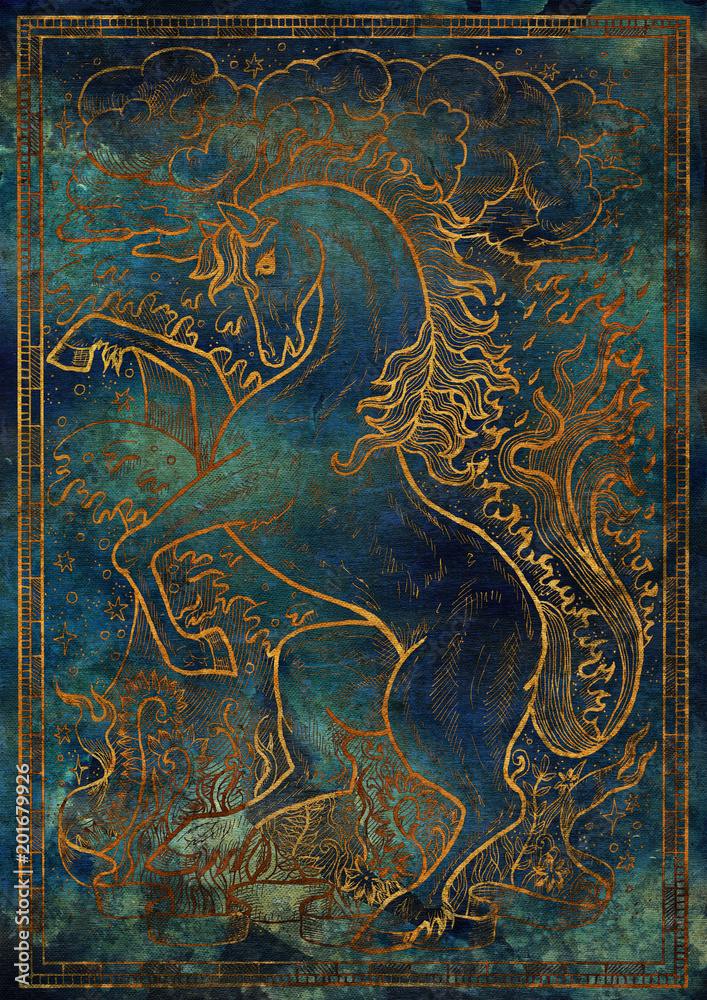 Golden Horse symbol with four nature elements, fire, air, water and earth mystic signs on blue texture background. Fantasy engraved illustration. Zodiac animals of eastern calendar