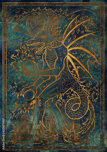 Golden Dragon symbol on blue texture background. Monster with demon wings, waves, fire balls and treasures against big eye. Fantasy engraved illustration. Zodiac animals of eastern calendar