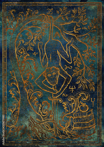 Golden Monkey symbol with sword, books, baroque decorated tree and mystic signs on blue texture background. Fantasy engraved illustration. Zodiac animals of eastern calendar