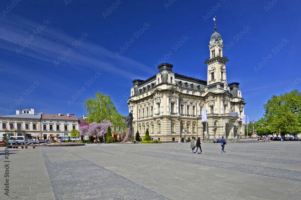 The Central Square of the  Lesser Poland town of Nowy Sacz. Town Hall - obrazy, fototapety, plakaty 