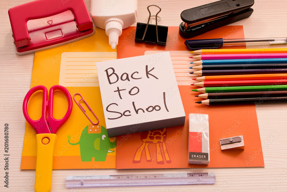 Various school accessories on the Desk . Back to school . School concept Various school accessories on the Desk . Back to school . School concept