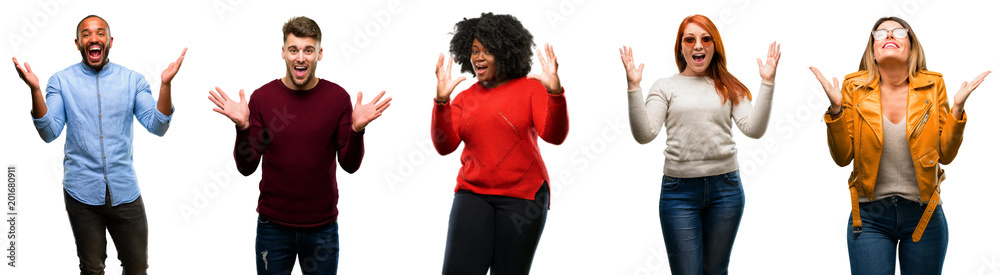 Group of cool people, woman and man happy and surprised cheering expressing wow gesture Group of cool people, woman and man happy and surprised cheering expressing wow gesture