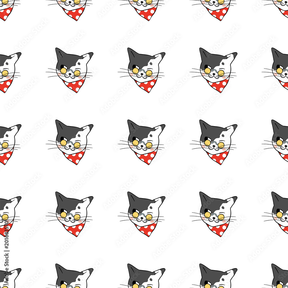 Vector illustration seamless pattern background design head of cat with red scarf Doodle cartoon style