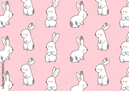 Fototapeta Naklejka Na Ścianę i Meble -  Vector illustration pattern background design cute rabbit on pink pastel color Draw doodle cartoon style