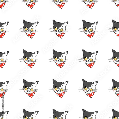 Vector illustration seamless pattern background design head of cat with red scarf Doodle cartoon style