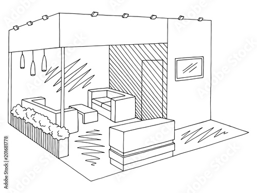 Exhibition stand graphic interior black white sketch illustration vector