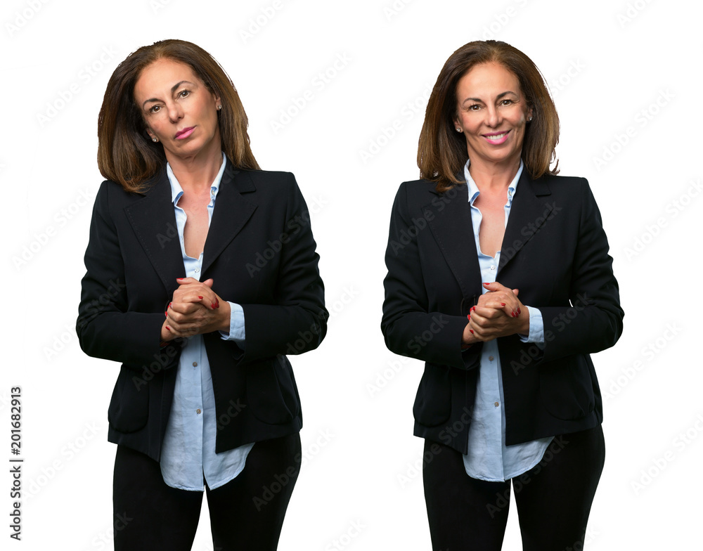 Middle age business woman confident and happy with a big natural smile laughing over white background