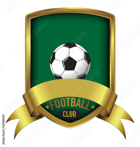 Football Club Shield logo with green background with gold frame & ribbon