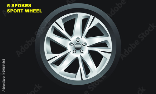 5 Spokes alloy wheel design vector.