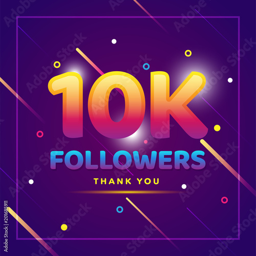 10k or 10000 followers thank you colorful background and glitters. Illustration for Social Network friends, followers, Web user Thank you celebrate of subscribers or followers and likes