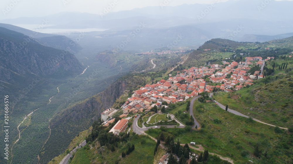 Aerial view of modern Delphi town, near archaeological site of ancient Delphi