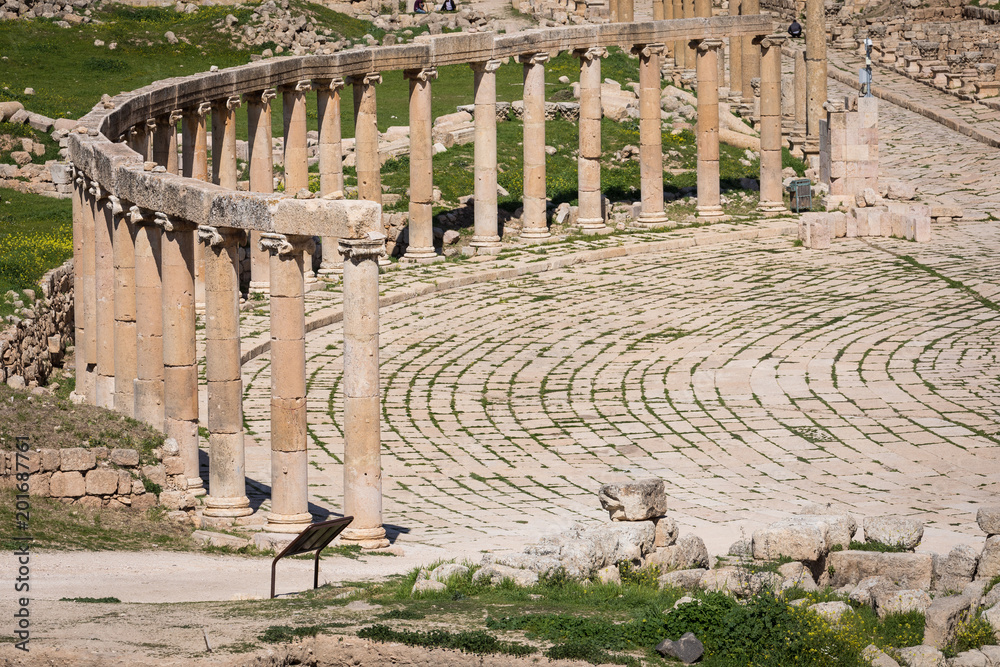 The Oval Forum and Cardo Maximus in Roman city of Gerasa near Jerash (Pompeii of the East. The city of 1000 columns). Northern Jordan